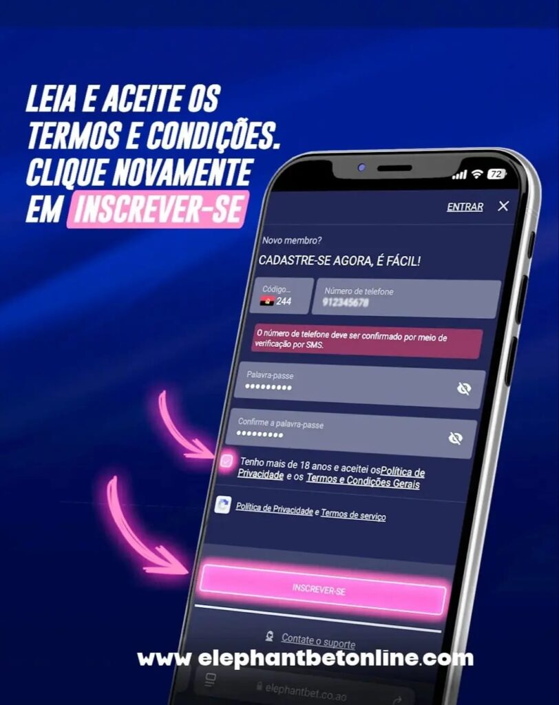 Aceitar os termos e condições para finalizar o registo na ElephantBet Angola.