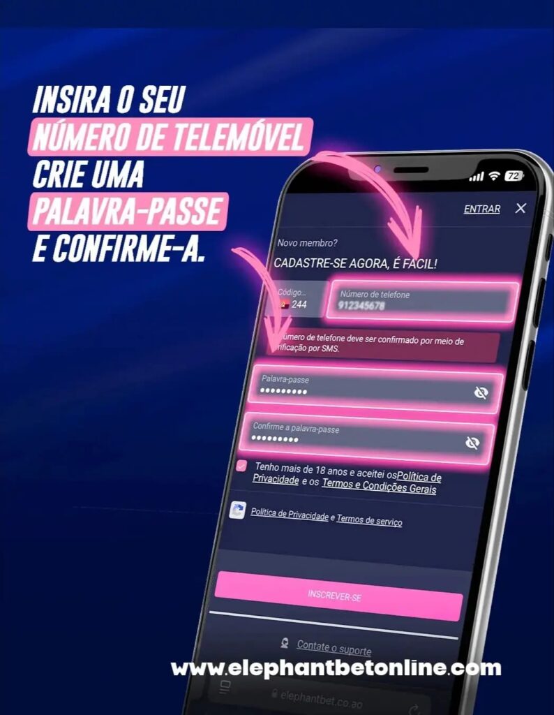 Formulário de registo da ElephantBet Angola para inserir número de telemóvel e palavra-passe.