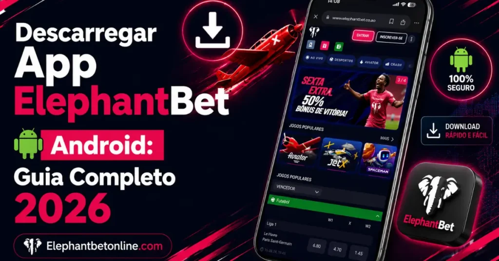 Telemóvel a mostrar a homepage da ElephantBet com ícone de download da app Android