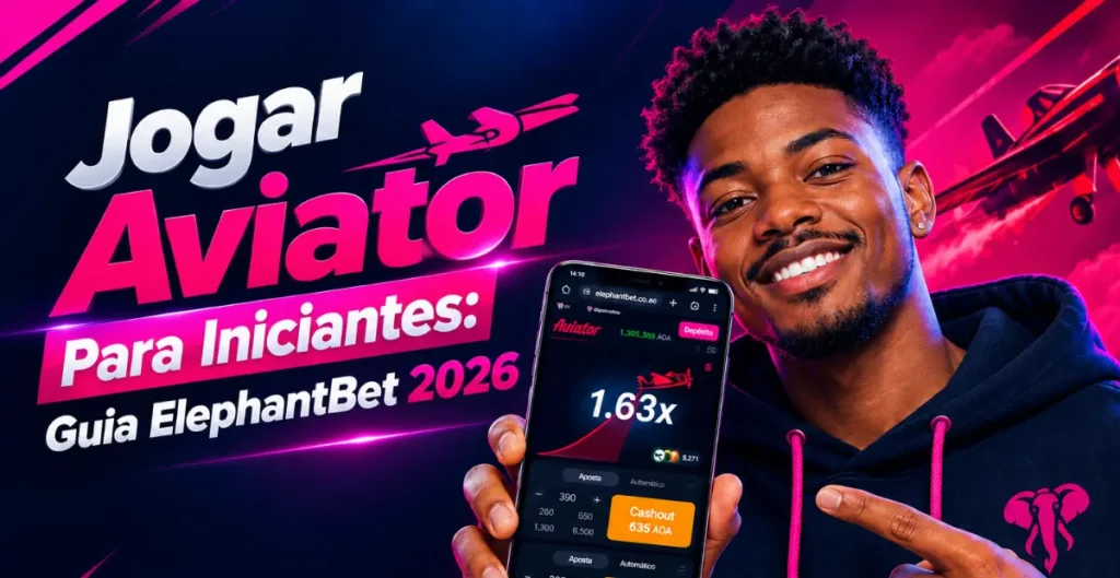 Homem a sorrir enquanto mostra o jogo Aviator da ElephantBet no telemóvel, ideal para iniciantes