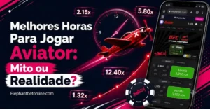 Telemóvel a mostrar o jogo Aviator da ElephantBet com relógio ilustrando as melhores horas para jogar