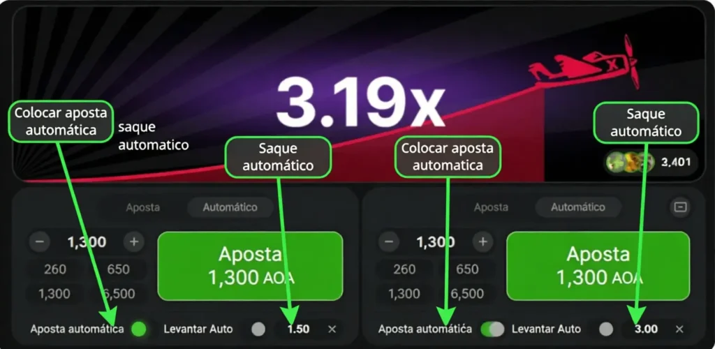 Interface do Aviator na ElephantBet com aposta automática e saque automático configurados