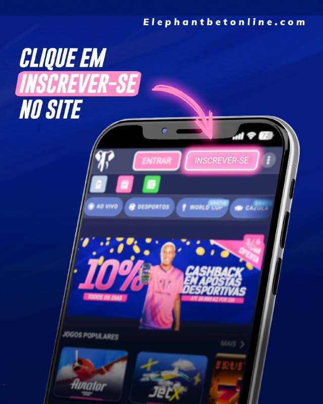 Homepage da ElephantBet Angola com seta a indicar o botão Inscrever-se
