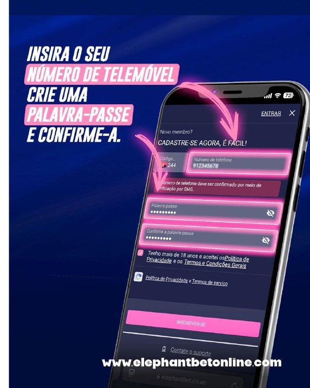 Como criar conta ElephantBet Angola — formulário de registo com campos de telefone, NIF e palavra-passe