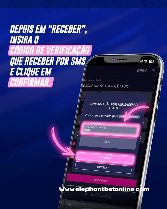 Ecrã de confirmação por SMS da ElephantBet Angola com campo para código de verificação