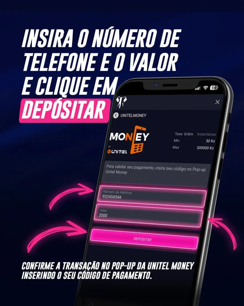 Ecrã de depósito UnitelMoney na ElephantBet com campos de número de telefone e valor preenchidos