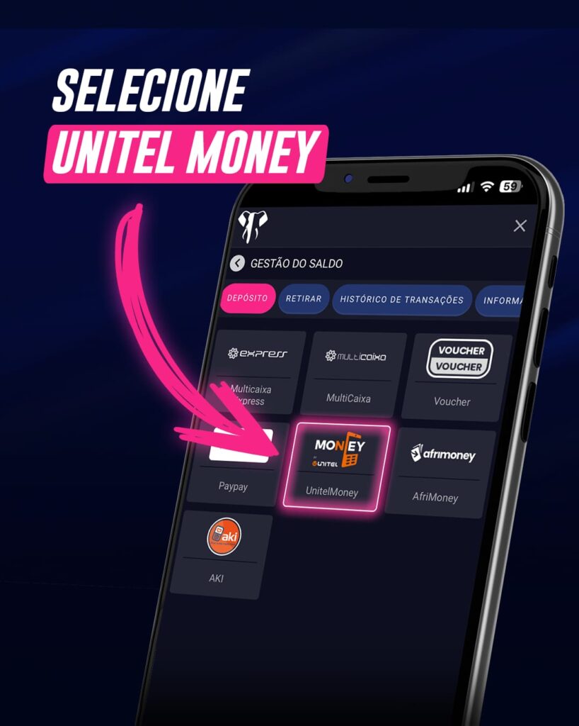Menu de depósito da ElephantBet com opção UnitelMoney destacada entre os métodos de pagamento