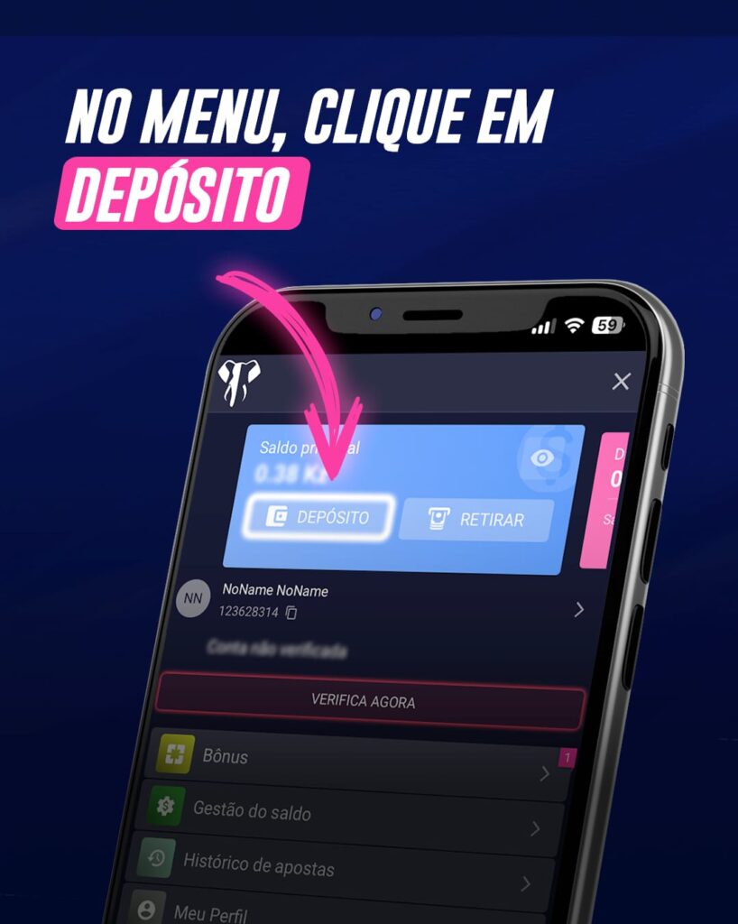 Menu da ElephantBet com seta a indicar o botão de depósito, antes de escolher UnitelMoney"