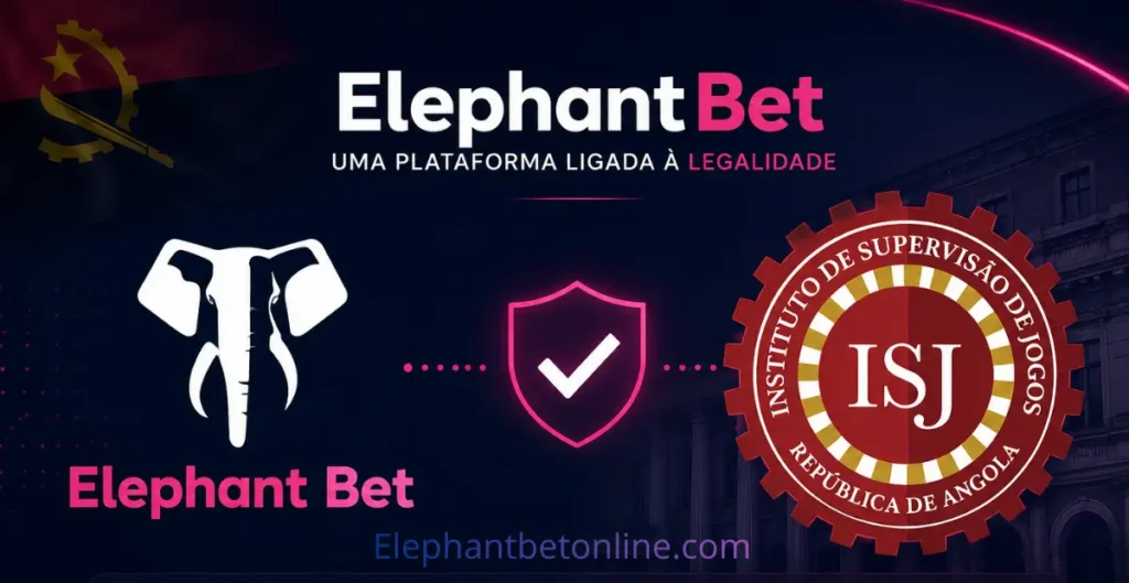 Logótipo da ElephantBet ao lado do selo oficial do ISJ Angola, entidade reguladora de jogos