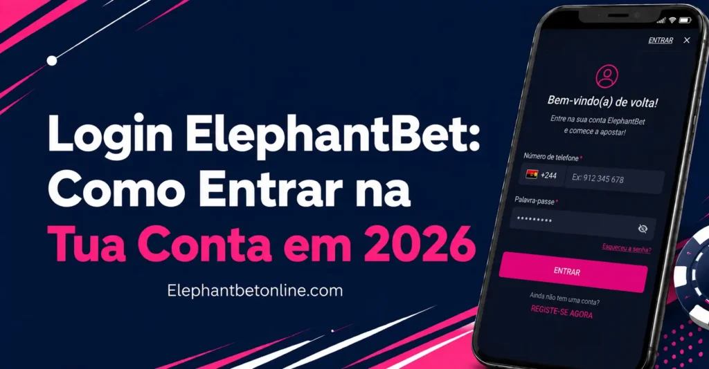 Telemóvel a mostrar o ecrã de login da ElephantBet Angola com campos de número de telefone e palavra-passe