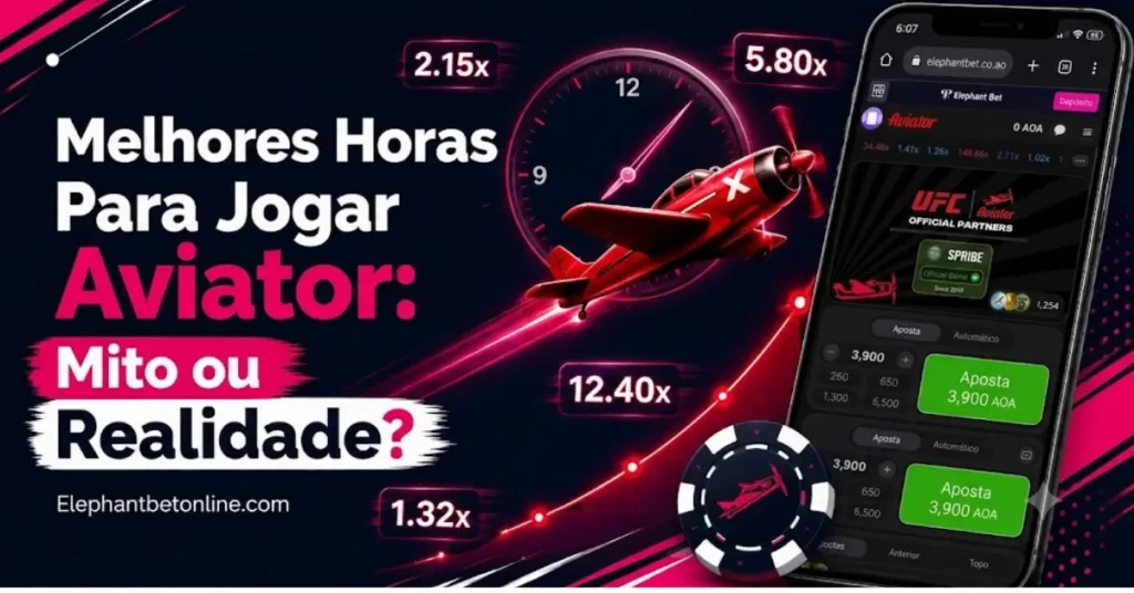 Telemóvel a mostrar o jogo Aviator da ElephantBet com relógio ilustrando as melhores horas para jogar