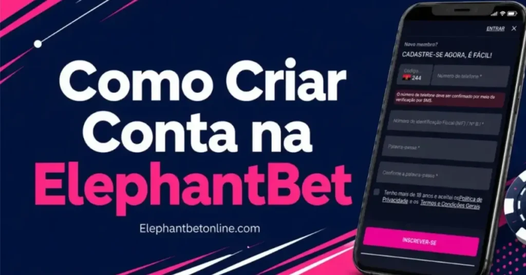 Telemóvel a mostrar o formulário de registo da ElephantBet Angola com campos de telefone, NIF e palavra-passe
